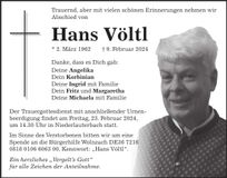 Traueranzeige Hans Völtl