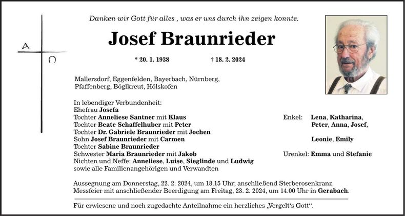 Traueranzeige Josef Braunrieder