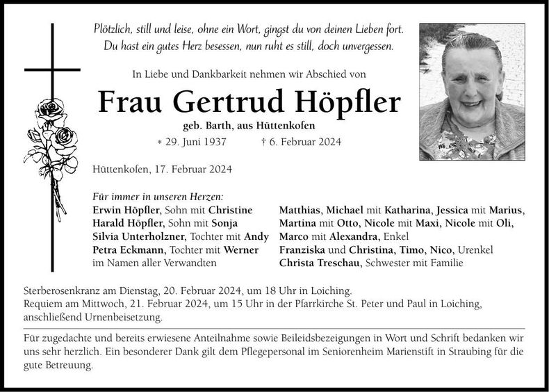 Traueranzeige Gertrud Höpfler