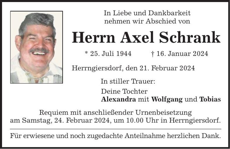Traueranzeige Axel Schrank