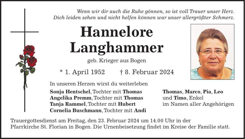 Traueranzeige Hannelore Langhammer