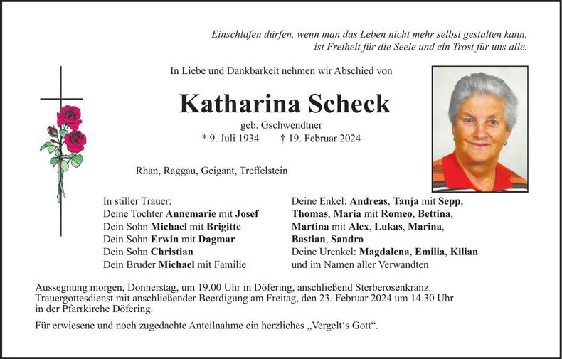 Traueranzeige Katharina Scheck