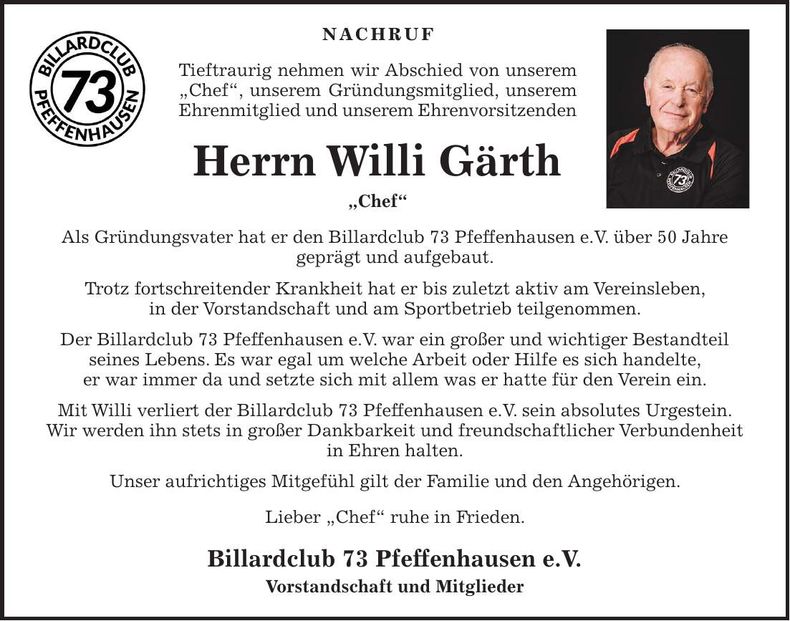 Traueranzeige Willi Gärth