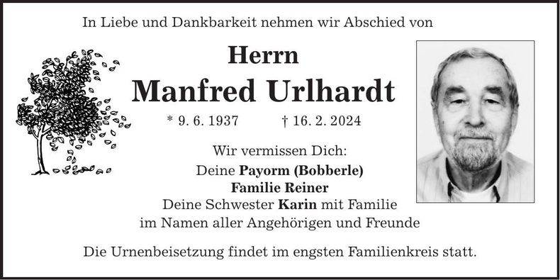 Traueranzeige Manfred Urlhardt
