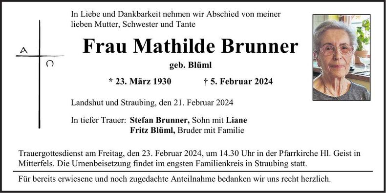 Traueranzeige Mathilde Brunner