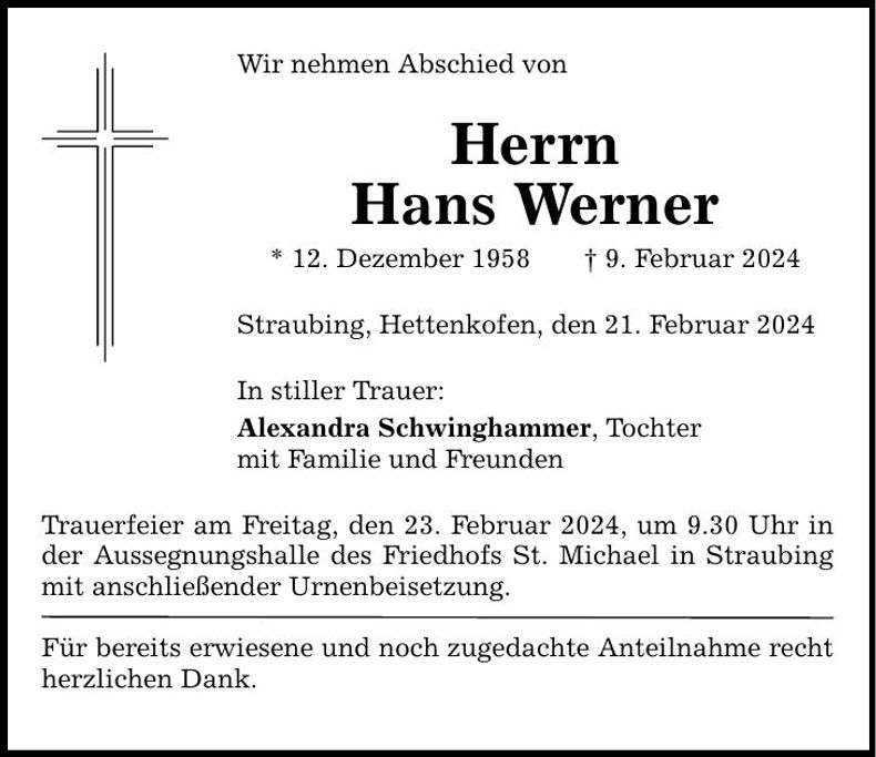 Traueranzeige Hans Werner