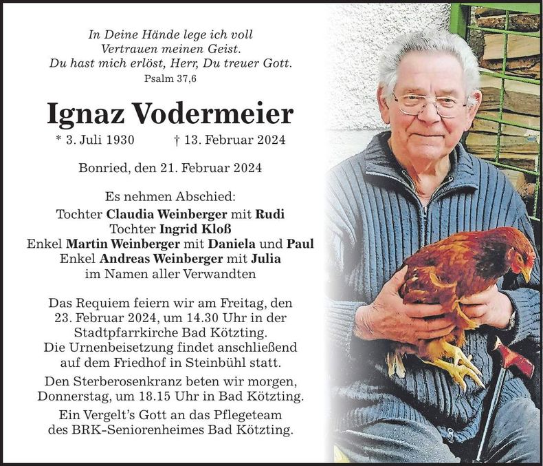 Traueranzeige Ignaz Vodermeier