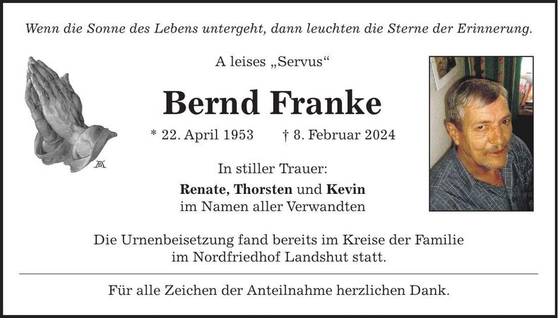 Traueranzeige Bernd Franke