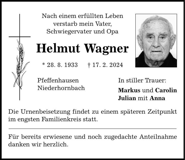 Traueranzeige Helmut Wagner