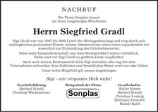 Traueranzeige Siegfried Gradl