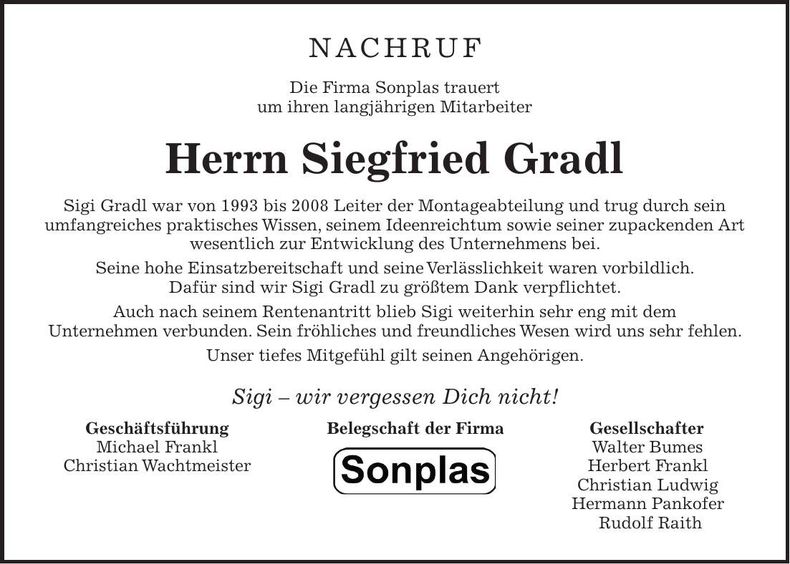 Traueranzeige Siegfried Gradl
