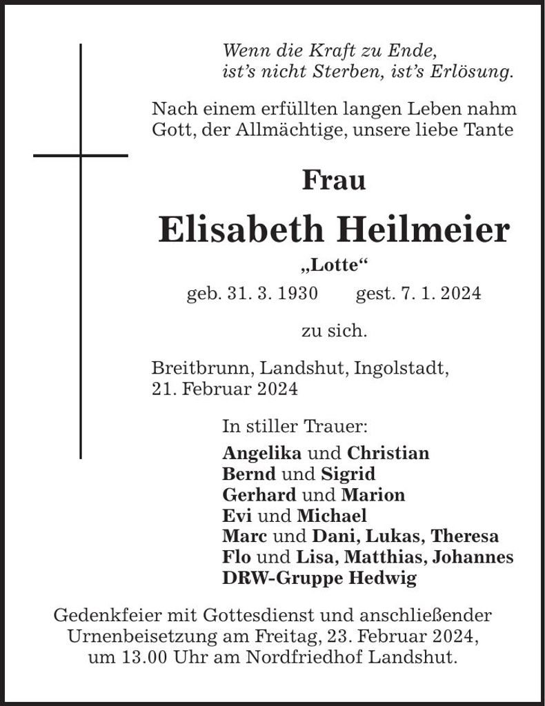 Traueranzeige Elisabeth Heilmeier