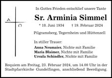 Traueranzeige Arminia Sr. Simmel