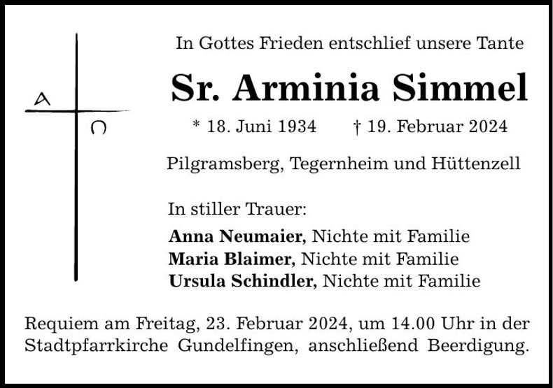 Traueranzeige Arminia Sr. Simmel