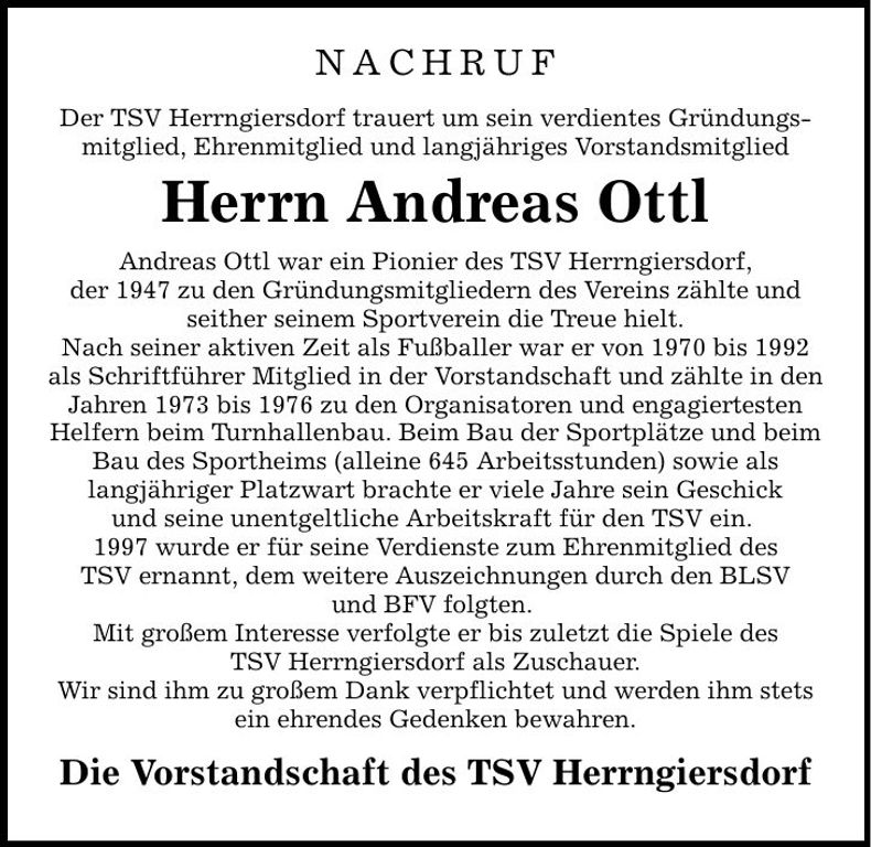 Traueranzeige Andreas Ottl