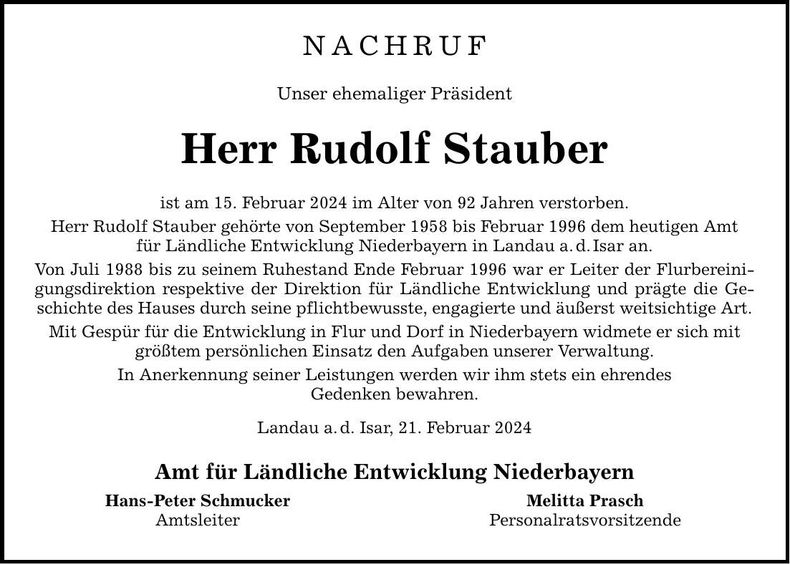 Traueranzeige Rudolf Stauber