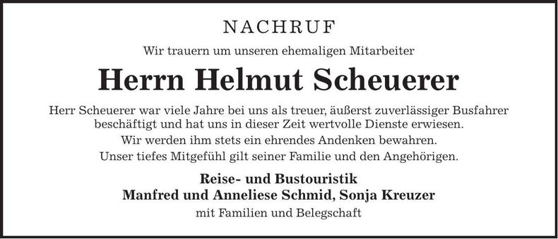 Traueranzeige Scheuerer Helmut