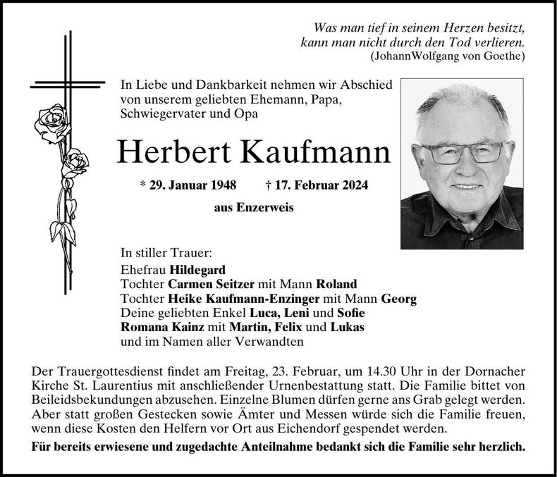 Traueranzeige Kaufmann Herbert