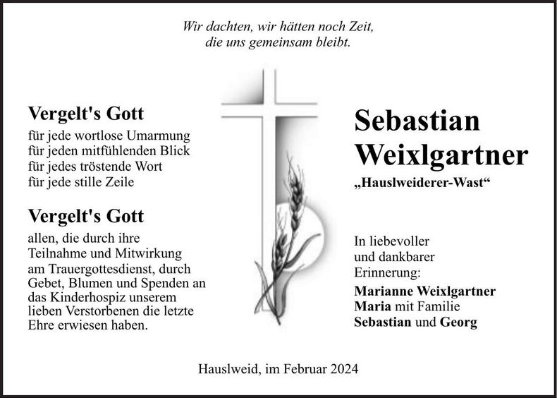 Traueranzeige Sebastian Weixlgartner
