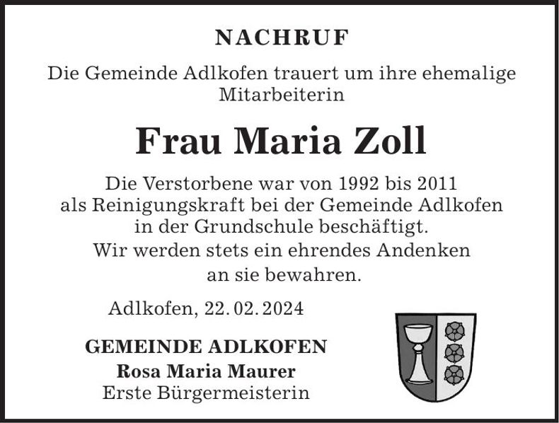 Traueranzeige Maria Zoll