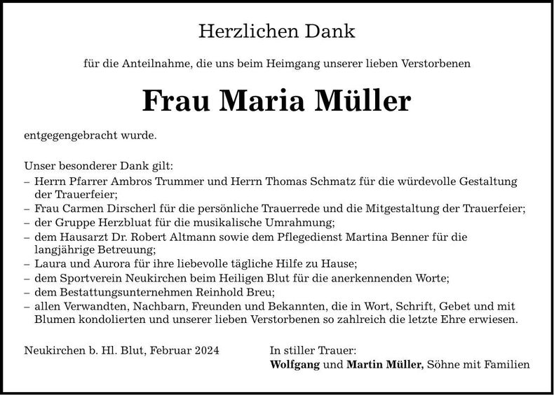 Traueranzeige Maria Müller
