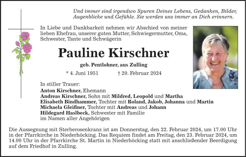 Traueranzeige Pauline Kirschner