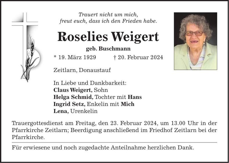 Traueranzeige Roselies Weigert