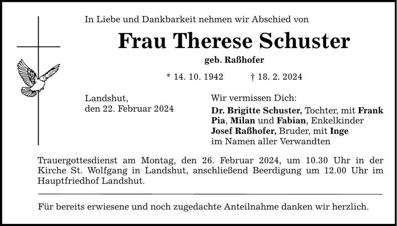 Traueranzeige Therese Schuster