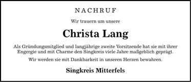 Traueranzeige Christa Lang