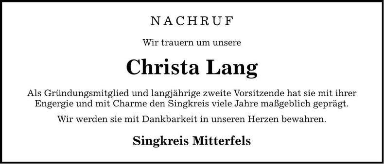 Traueranzeige Christa Lang