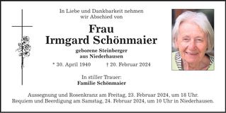 Traueranzeige Irmgard Schönmaier