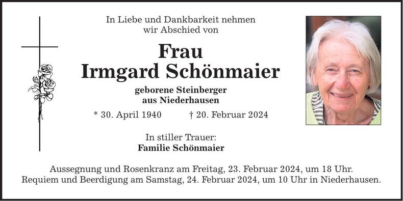 Traueranzeige Irmgard Schönmaier