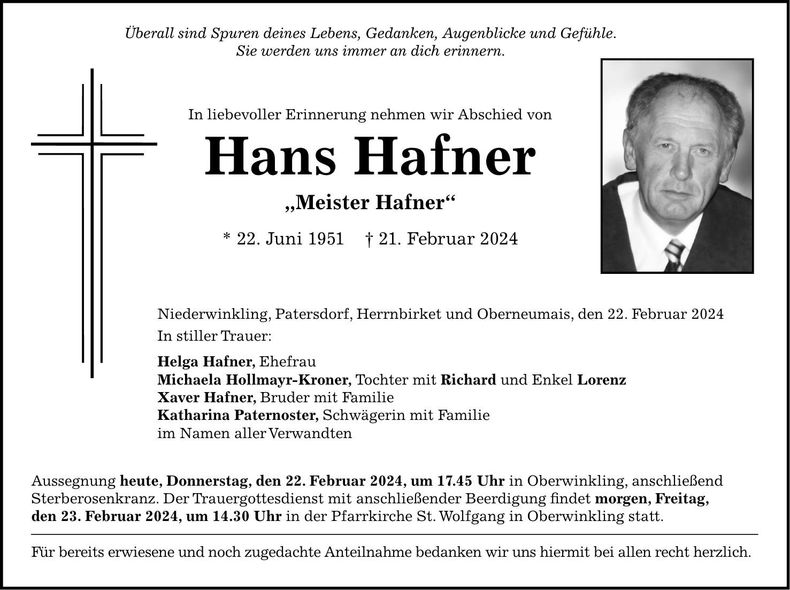 Traueranzeige Hans Hafner