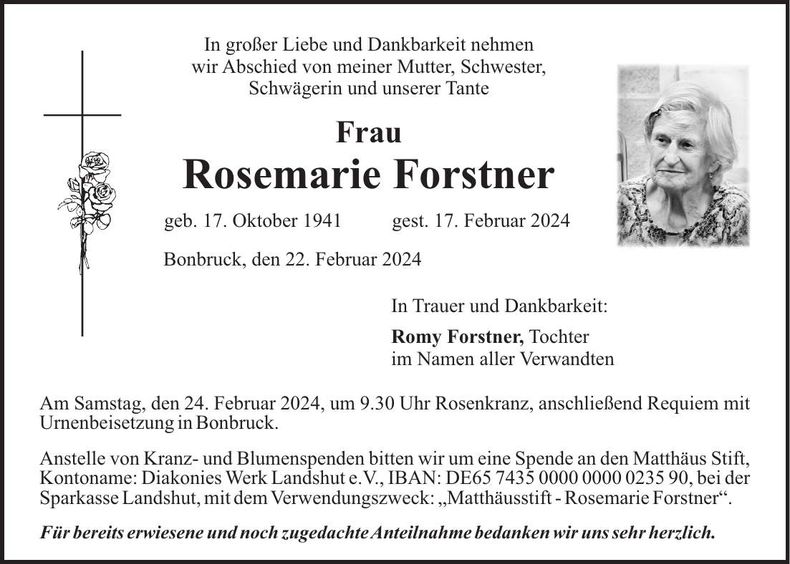 Traueranzeige Rosemarie Forstner