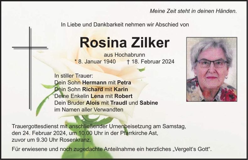 Traueranzeige Rosina Zilker