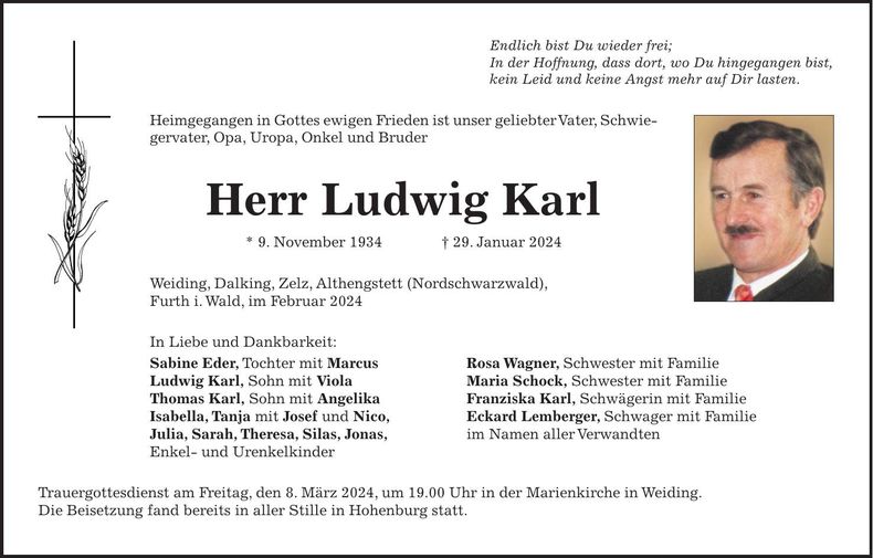 Traueranzeige Ludwig Karl