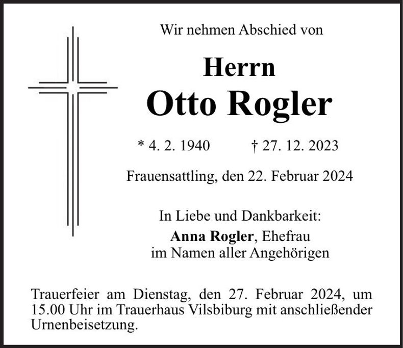 Traueranzeige Otto Rogler
