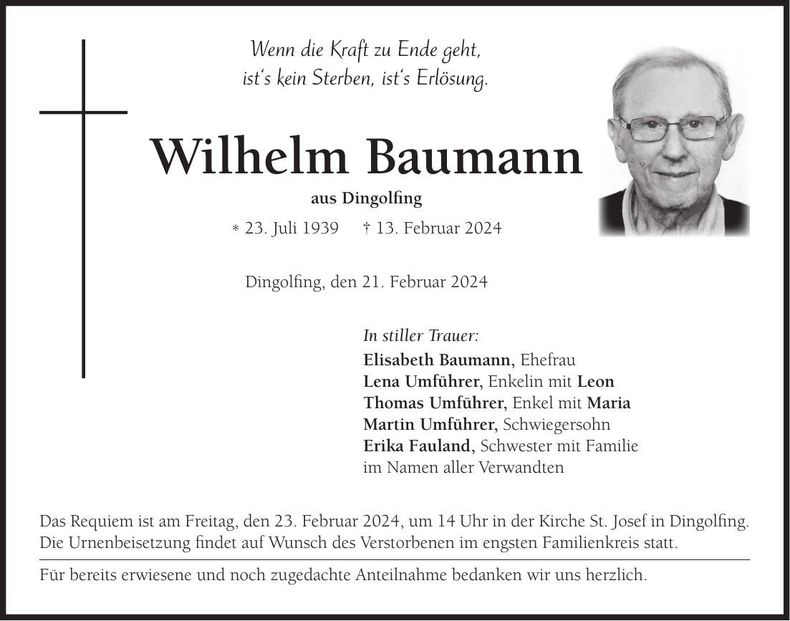 Traueranzeige Wilhelm Baumann