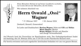 Traueranzeige Oswald Wagner
