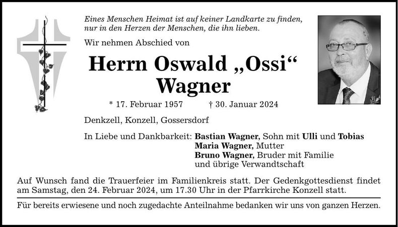 Traueranzeige Oswald Wagner