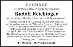 Traueranzeige Rudolf Reichinger