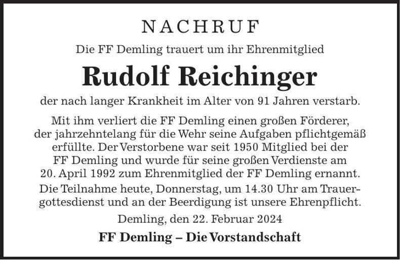 Traueranzeige Rudolf Reichinger