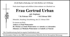 Traueranzeige Gertrud Urban