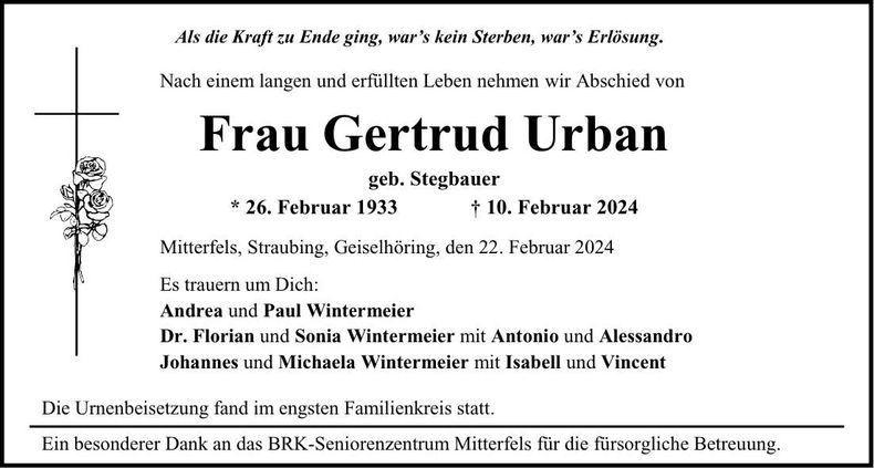 Traueranzeige Gertrud Urban