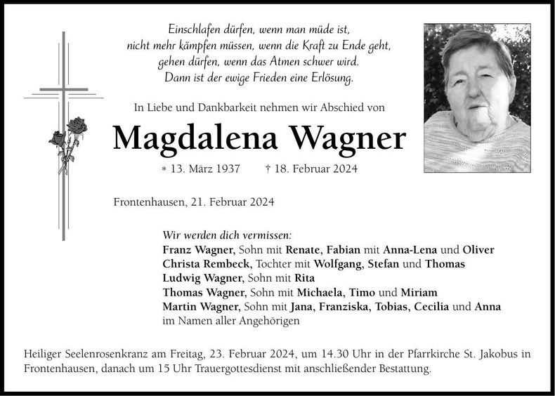 Traueranzeige Magdalena Wagner
