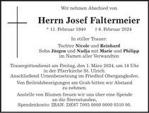Traueranzeige Josef Faltermeier