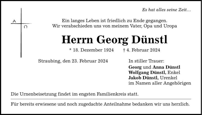 Traueranzeige Georg Dünstl