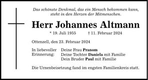 Traueranzeige Johannes Altmann