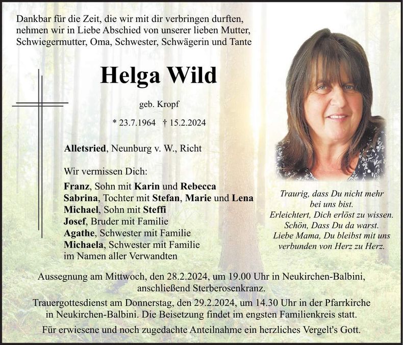 Traueranzeige Helga Kropf