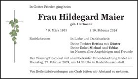 Traueranzeige Hildegard Maier